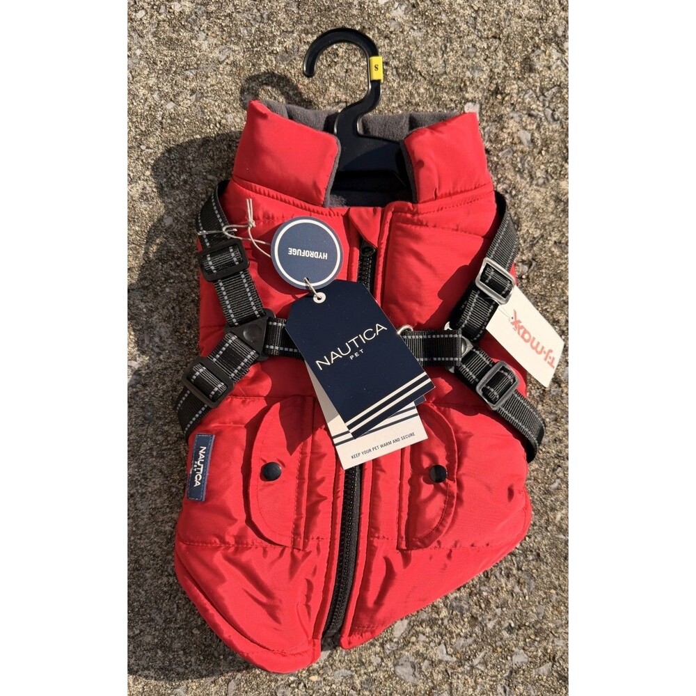 Nautica Pet Red Dog Coat/Jacket w/ Built-In Harness, Size S, Polyester Hydrofuge